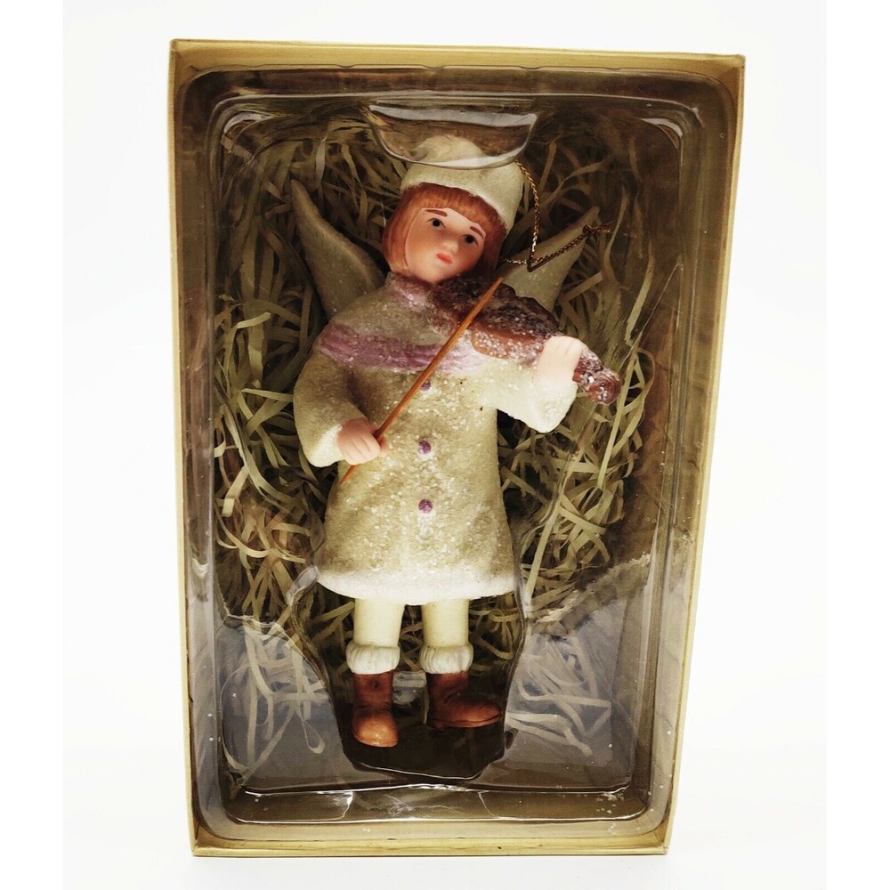 MIB Vtg Style Costco Christmas Ornament Glitter Ceramic Snow Angel Violin Girl